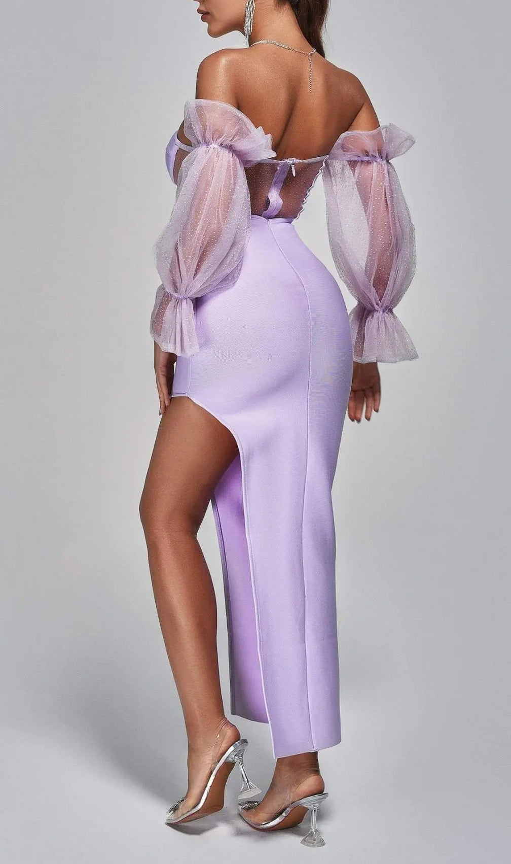 Off Shoulder Slit Midi Dress In Purple