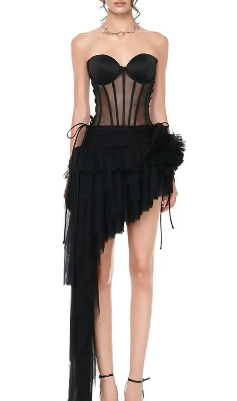 Gaetana Black Corset Top & Irregular Mesh Skirt Set
