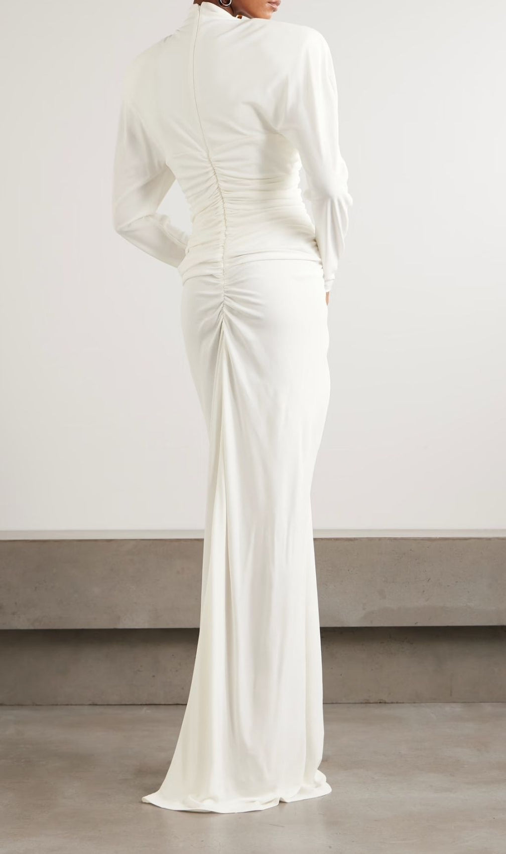 Katrien Sculptural White Ruched Heart Bodice Maxi Dress - Elegant Long Sleeve Gown