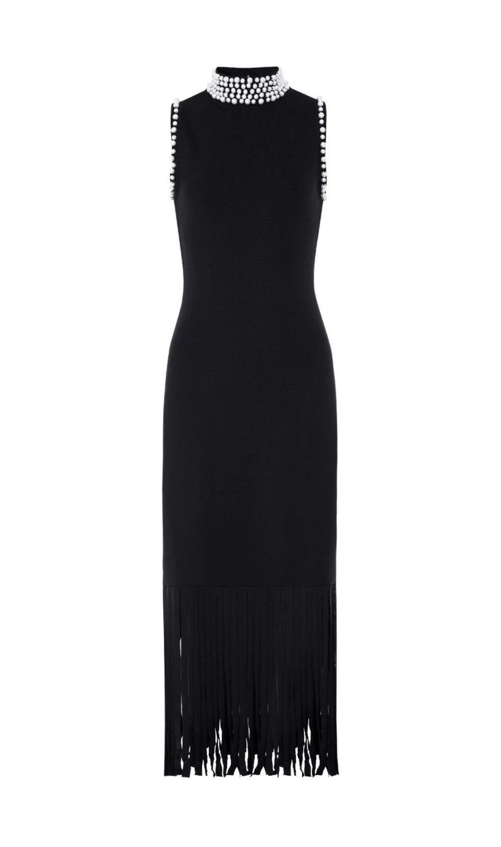 Junko Pearl Choker Sleeveless Knit Maxi Dress with Fringe Hem