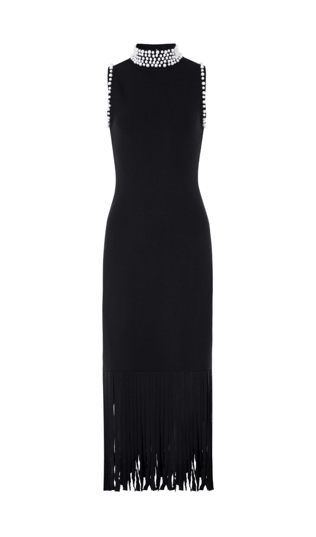 Junko Pearl Choker Sleeveless Knit Maxi Dress with Fringe Hem