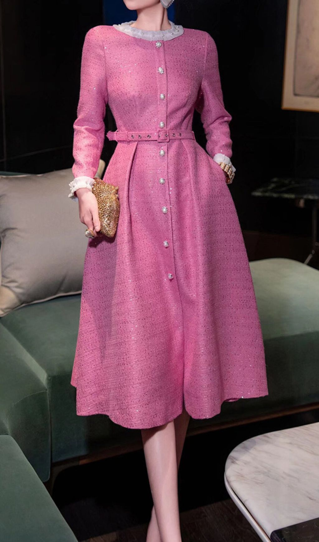 Hong Pink Long Sleeve Midi Dress