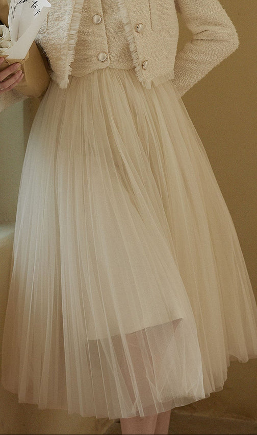 Elegant Beige Tulle Midi Dress | Sleeveless A-Line Gown for Special Occasions