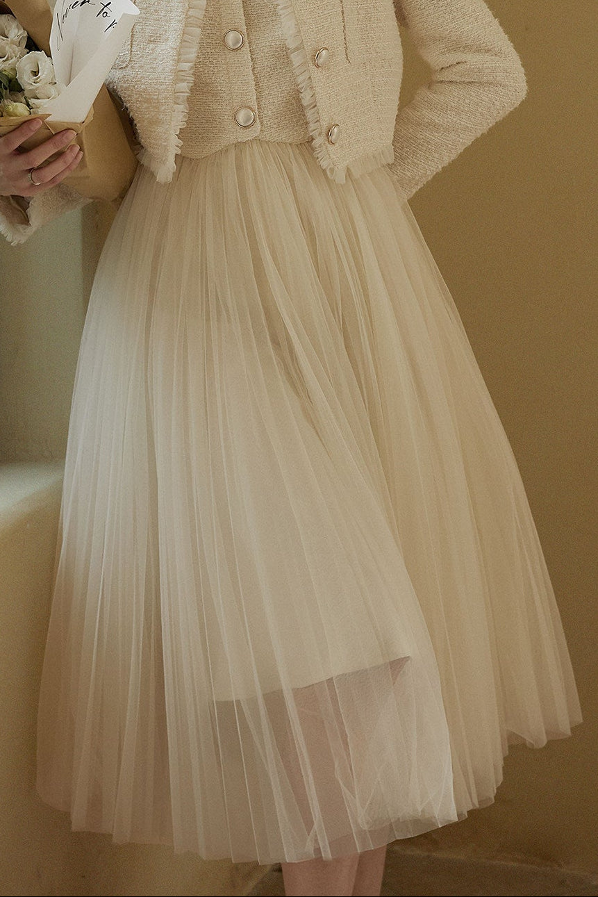 Elegant Beige Tulle Midi Dress | Sleeveless A-Line Gown for Special Occasions