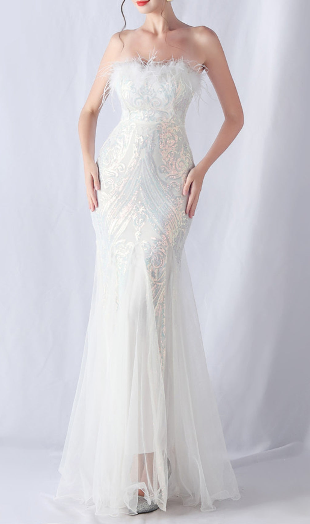 Choire White Sequin Feather Maxi Dress