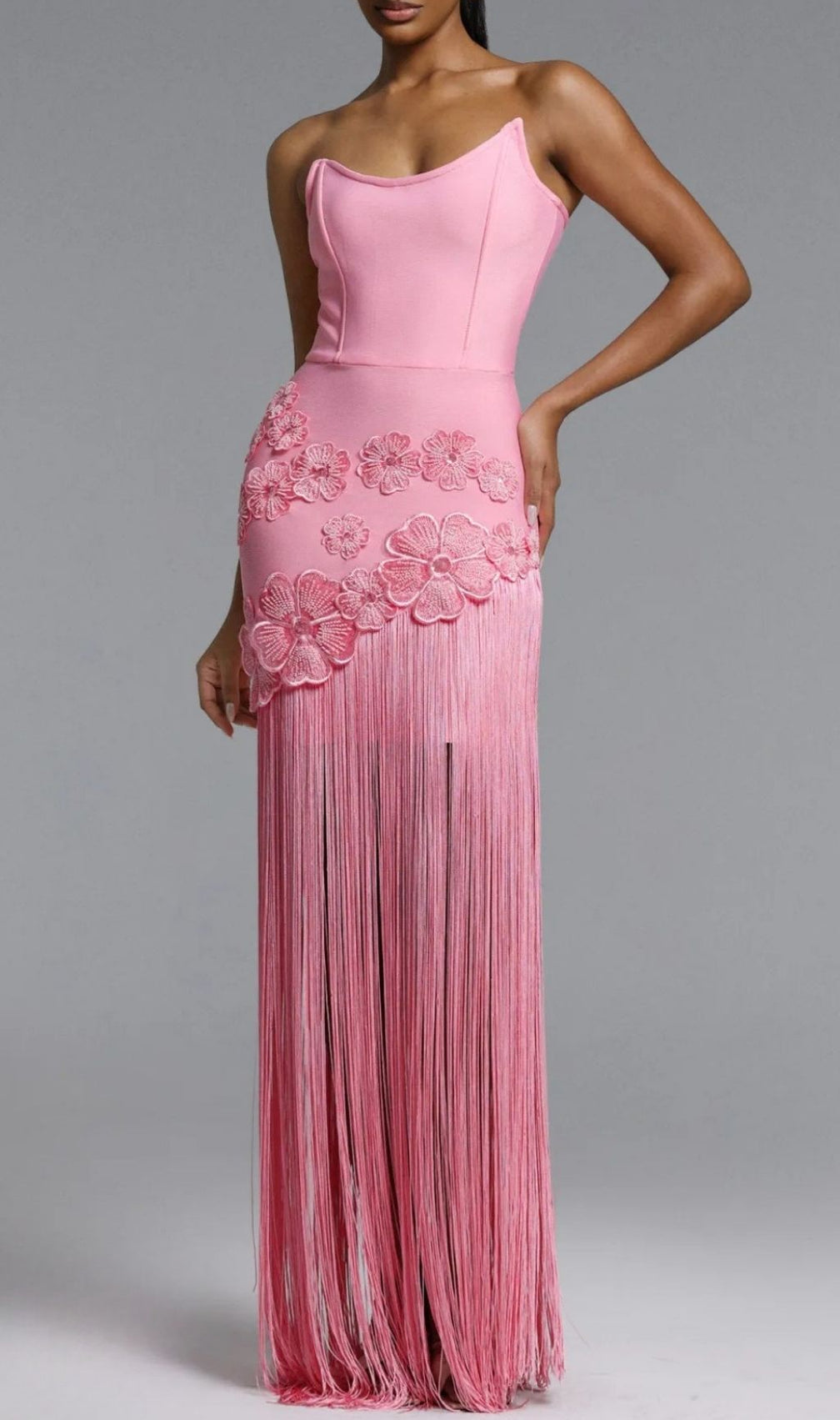 Koa Pink Strapless Flower Tassel Bandage Maxi Dress