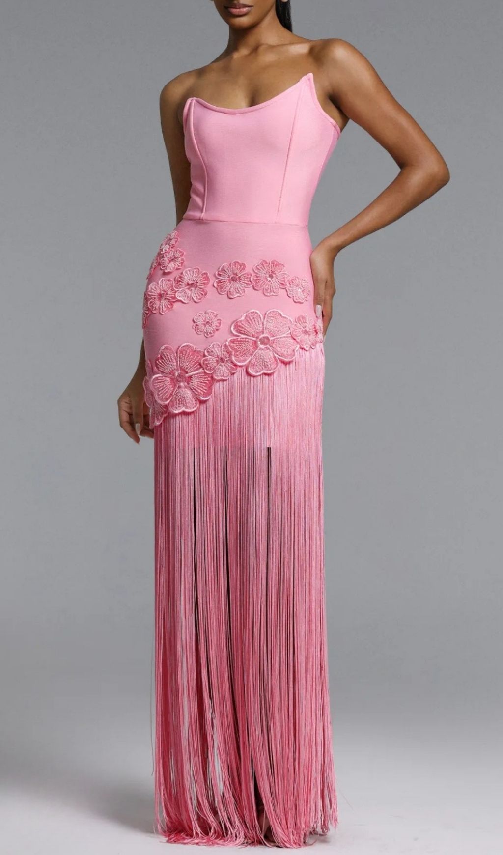 Koa Pink Strapless Flower Tassel Bandage Maxi Dress