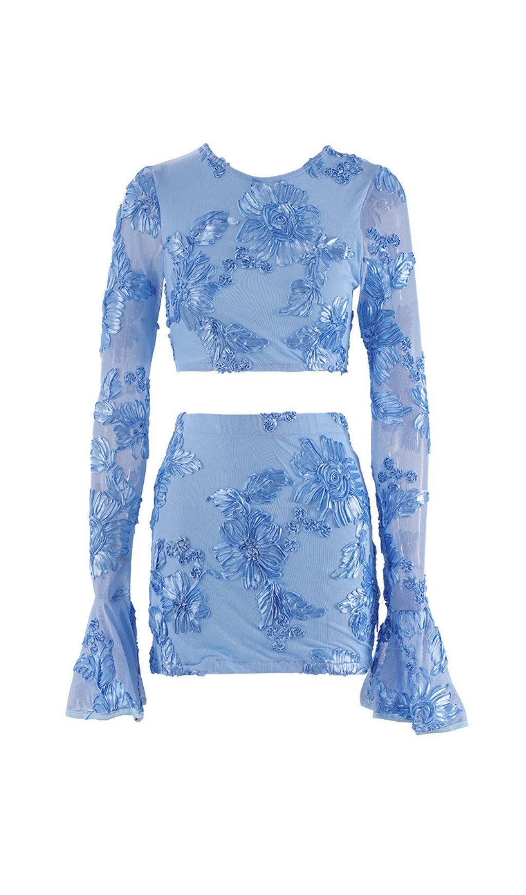 Daisy Flower Embroidery Flared Sleeve Skirt Set