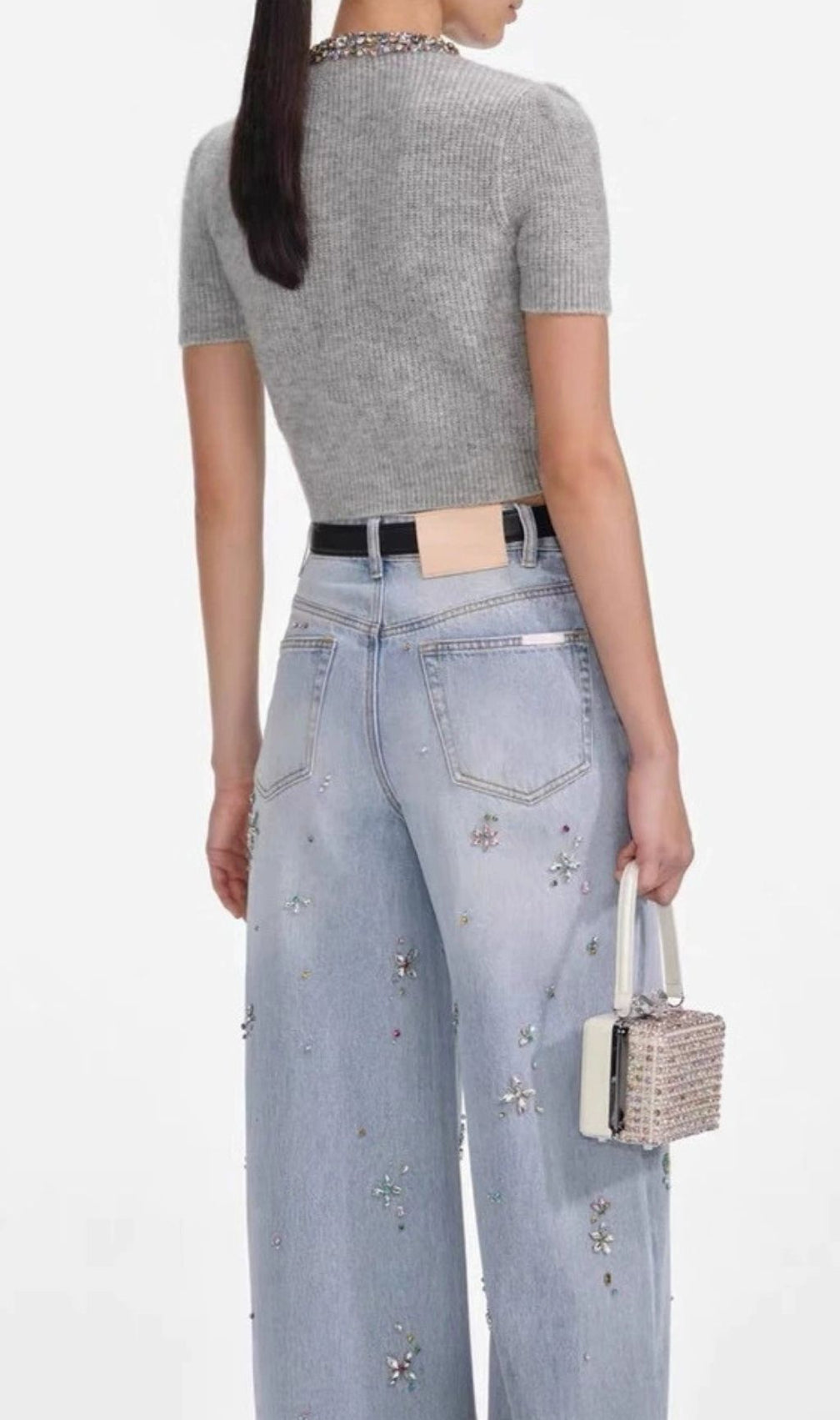 Henrike Luxe Grey Embellished Knit Top - Sparkling Short Sleeve Style