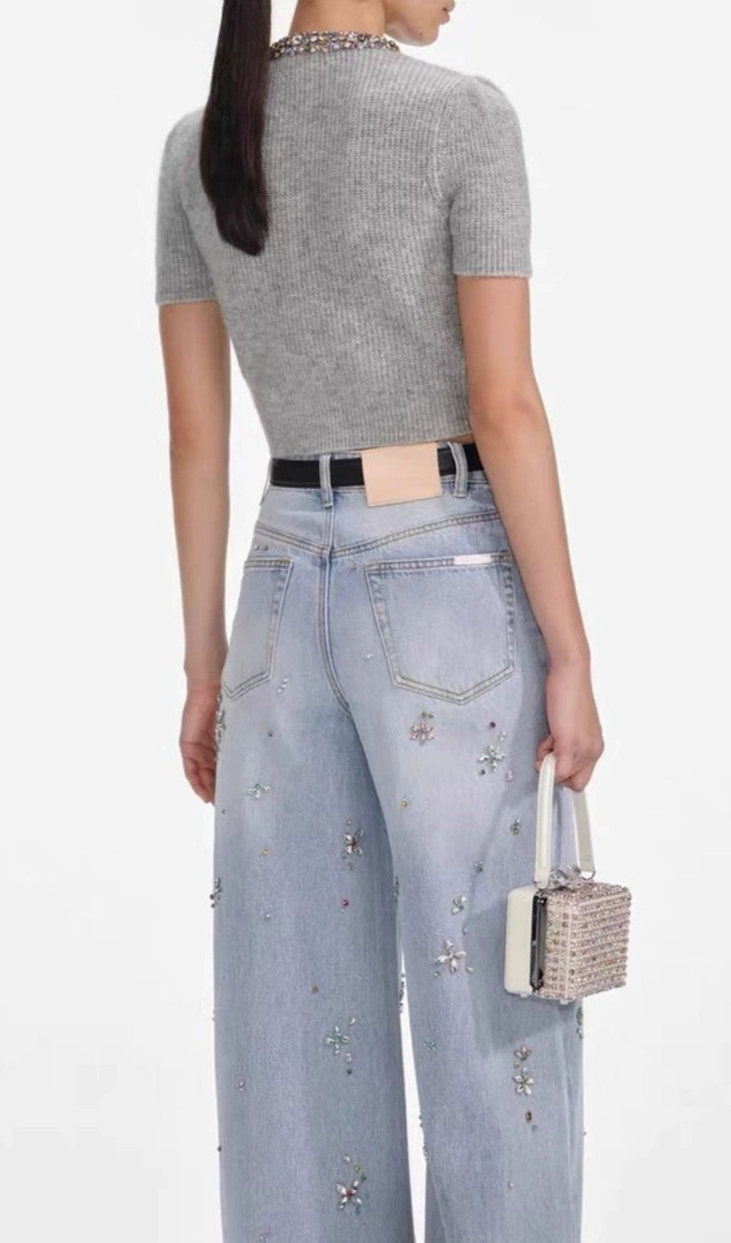 Henrike Luxe Grey Embellished Knit Top - Sparkling Short Sleeve Style