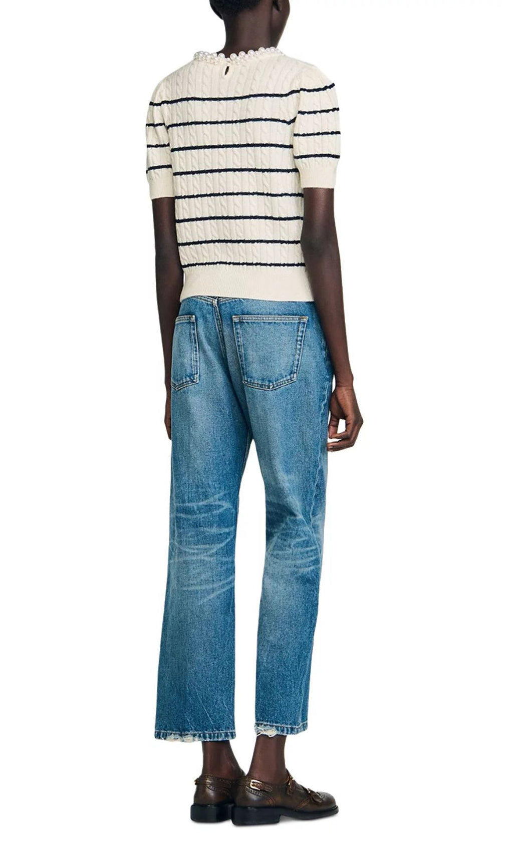 Chic Faux Pearl Collar Striped Cable Knit Sweater - Women's Short Sleeve Top