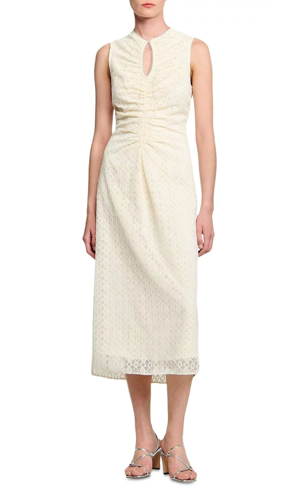 Chic Rhinestone Keyhole Lace Midi Dress | Elegant Sleeveless A-Line