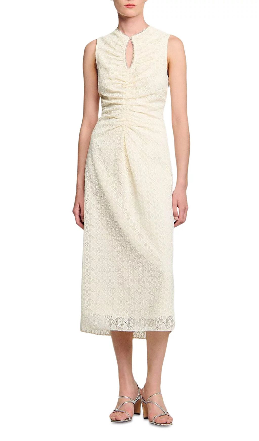 Chic Rhinestone Keyhole Lace Midi Dress | Elegant Sleeveless A-Line