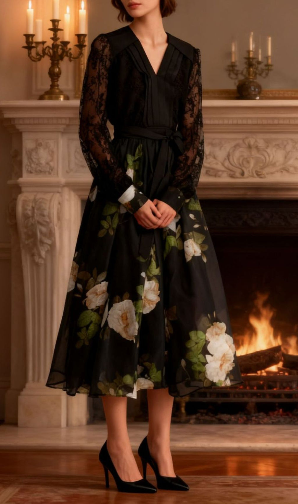 Isaye Elegant Black Floral Lace Midi Dress - Long Sleeve Wrap Style