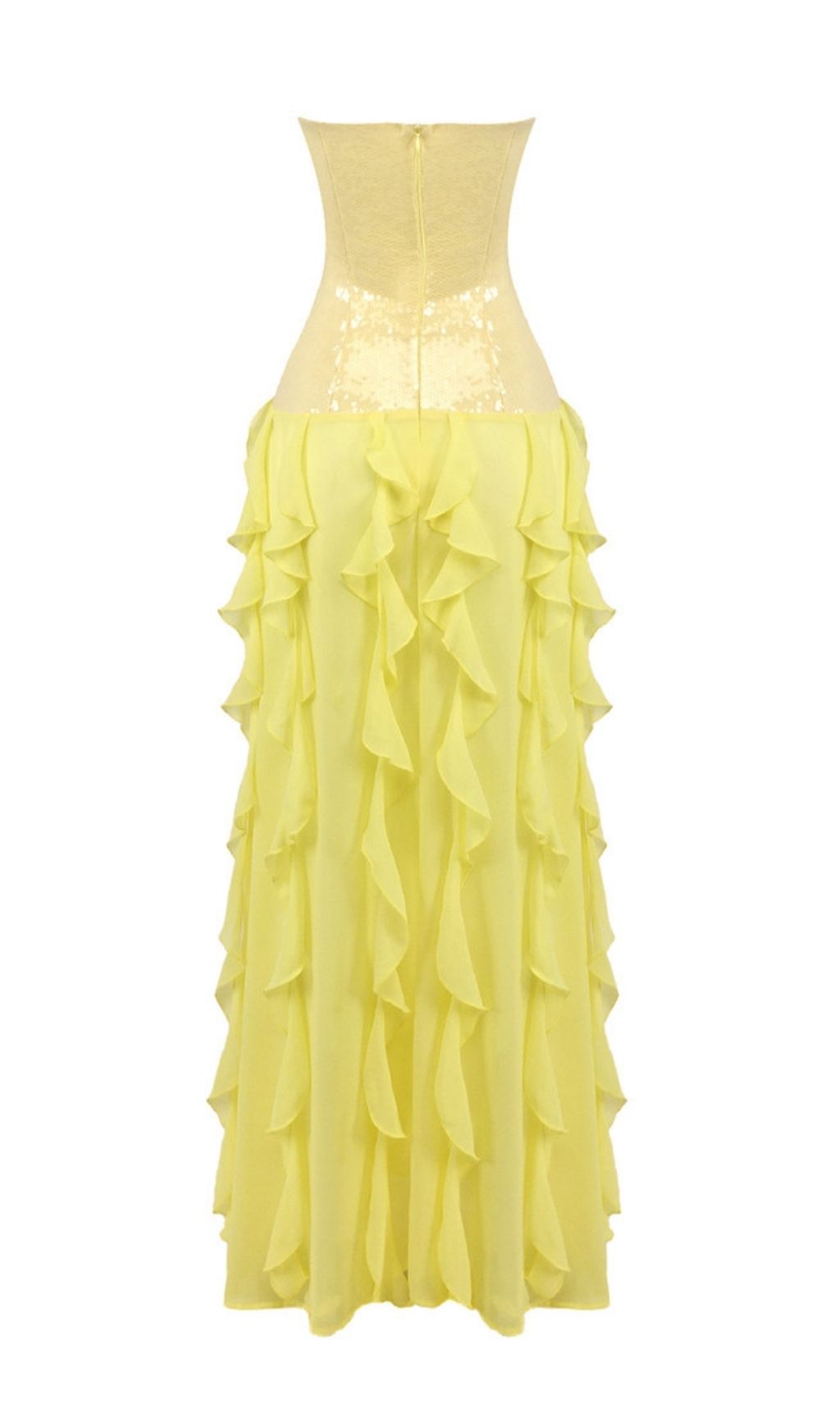 Kalki Dazzling Yellow Strapless Sequin Ruffle Maxi Dress
