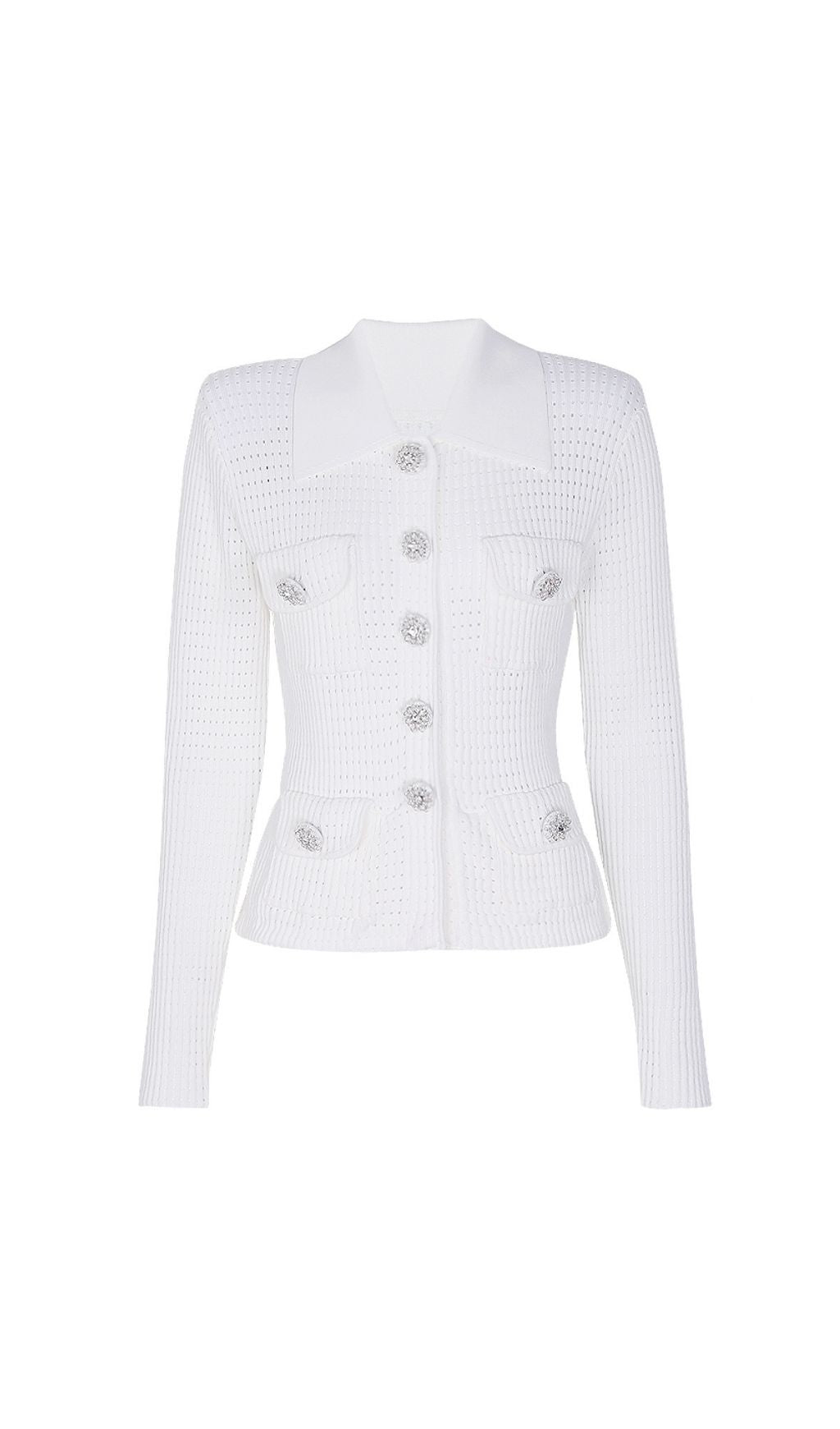 Karoline Tailored Pointelle Knit Cardigan – Elegant Contrast Collar