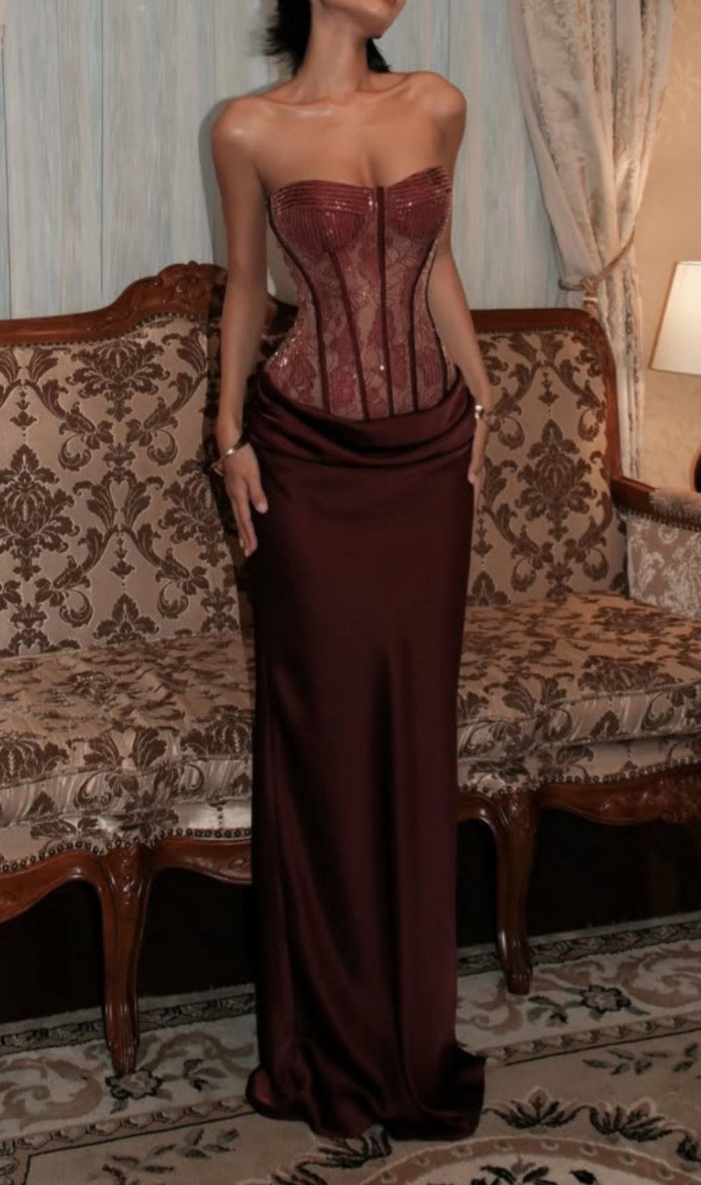 Kawthar Dazzling Red Sequin Corset Maxi Dress - Strapless Evening Gown