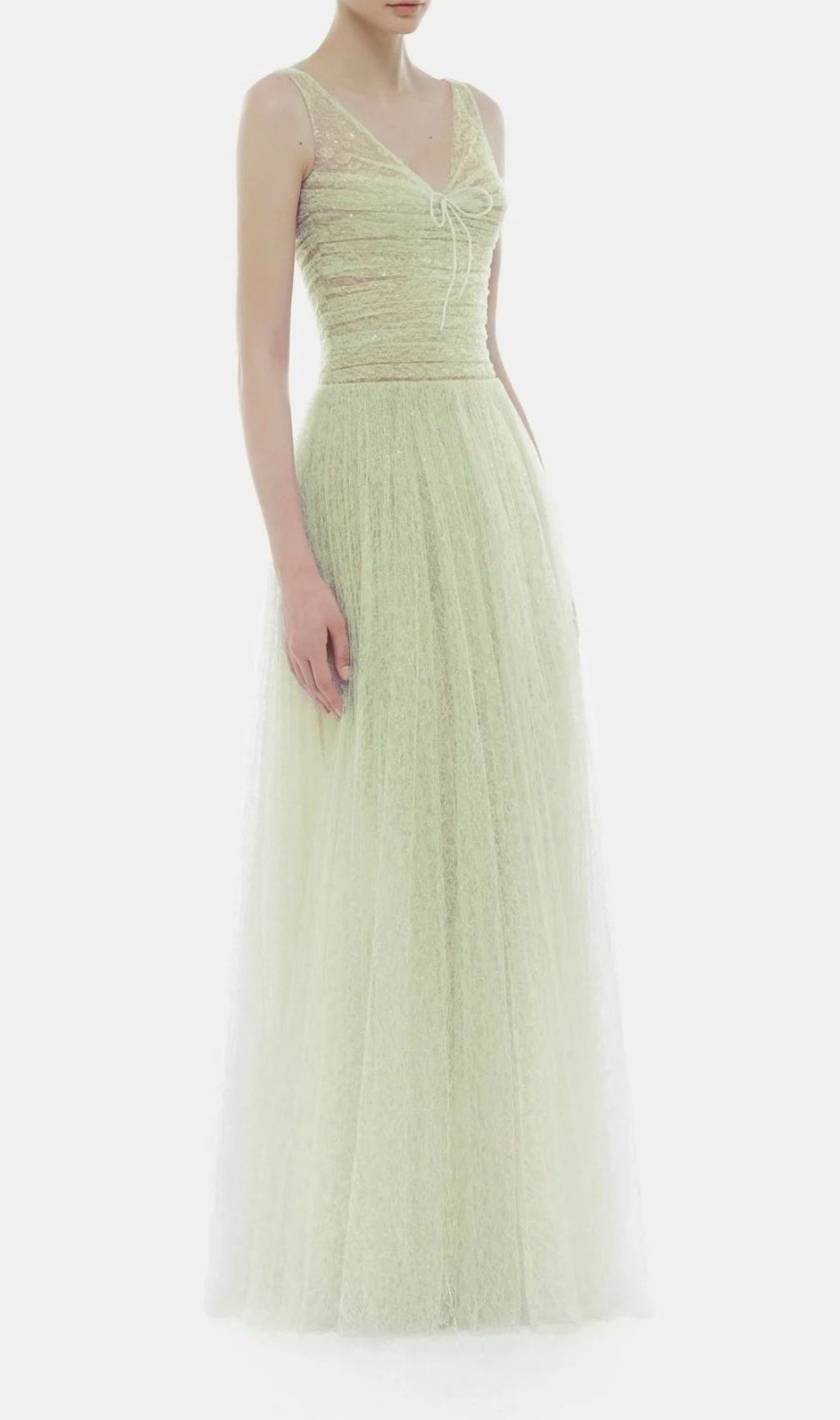 Josie Mint Green Sparkle V-Neck Mesh Maxi Gown - Ethereal Evening Dress