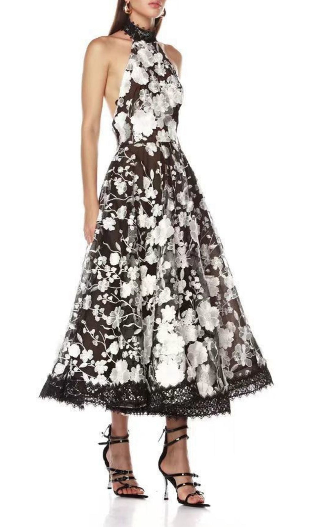 Karisma Elegant Black & White Floral Halter Midi Dress