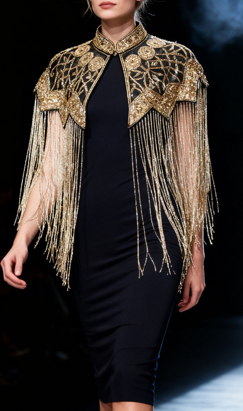 Glamorous Idana Gold Beaded Fringe Cape Shawl for Evening & Special Occasions