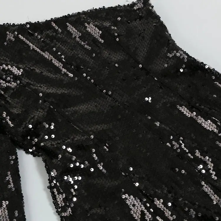 Black Sequin One Shoulder Feather Mini Dress