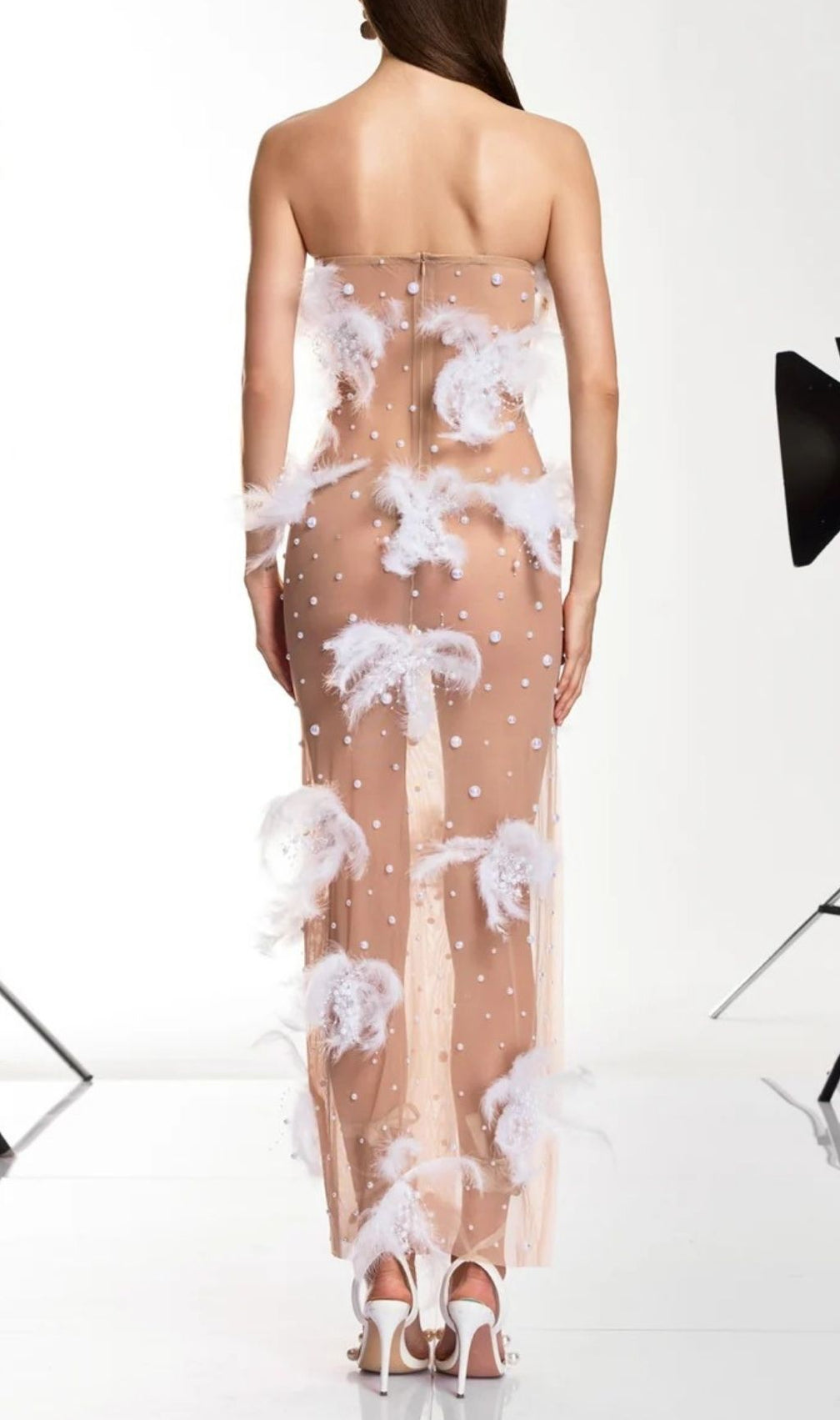Droven Ethereal Feather & Pearl Strapless Maxi Dress