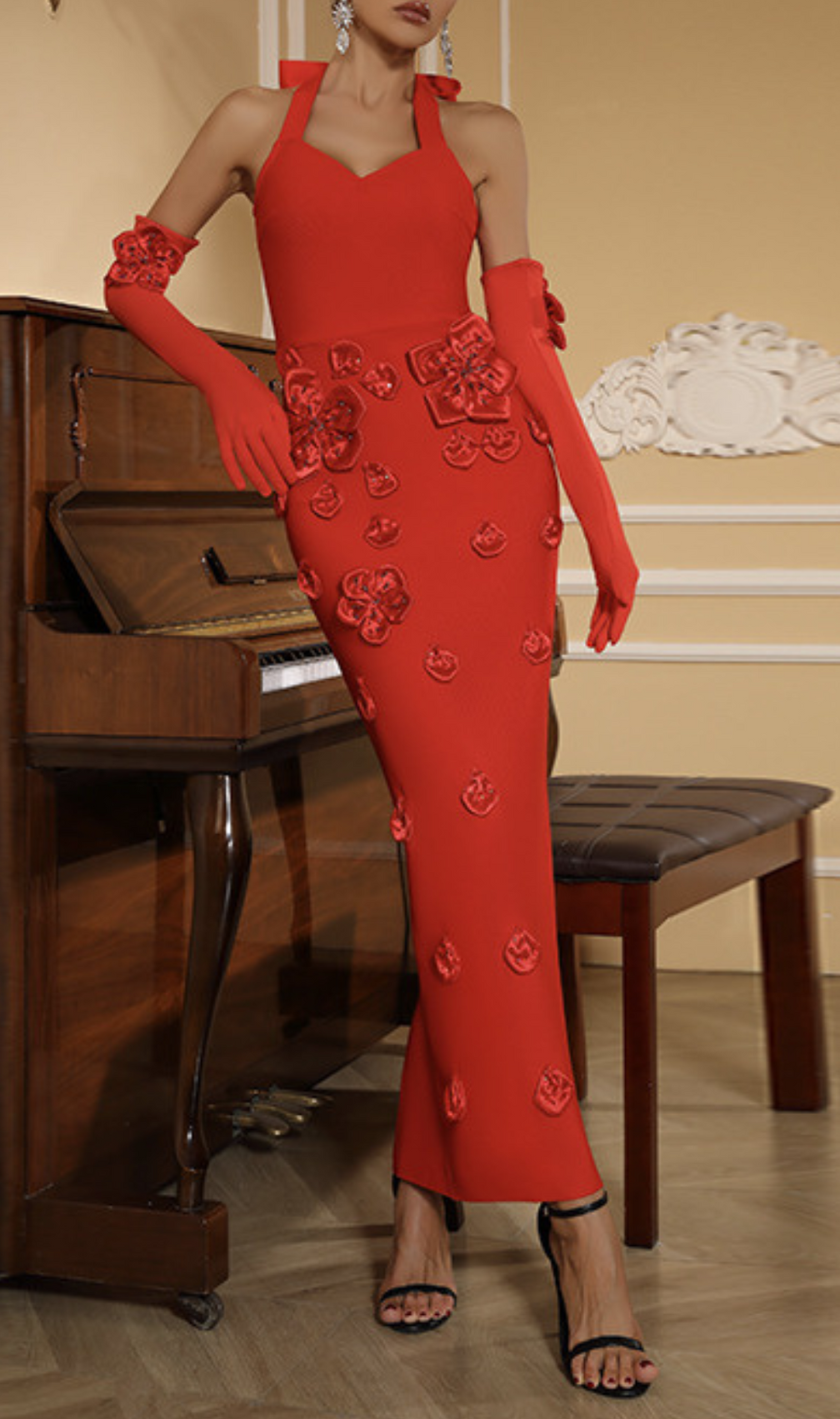 Galaxy Red Halter Flower Maxi Dress With Gloves