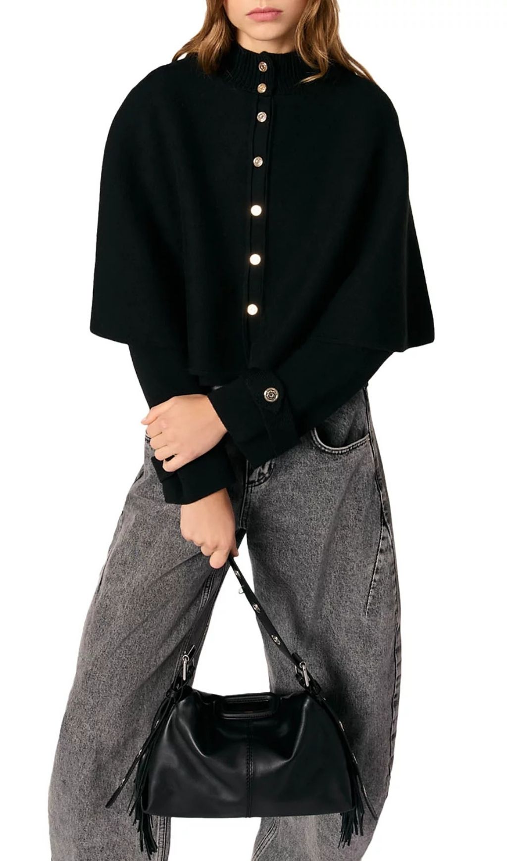 Chic Black Cape Effect Cardigan with Gold Clover Buttons