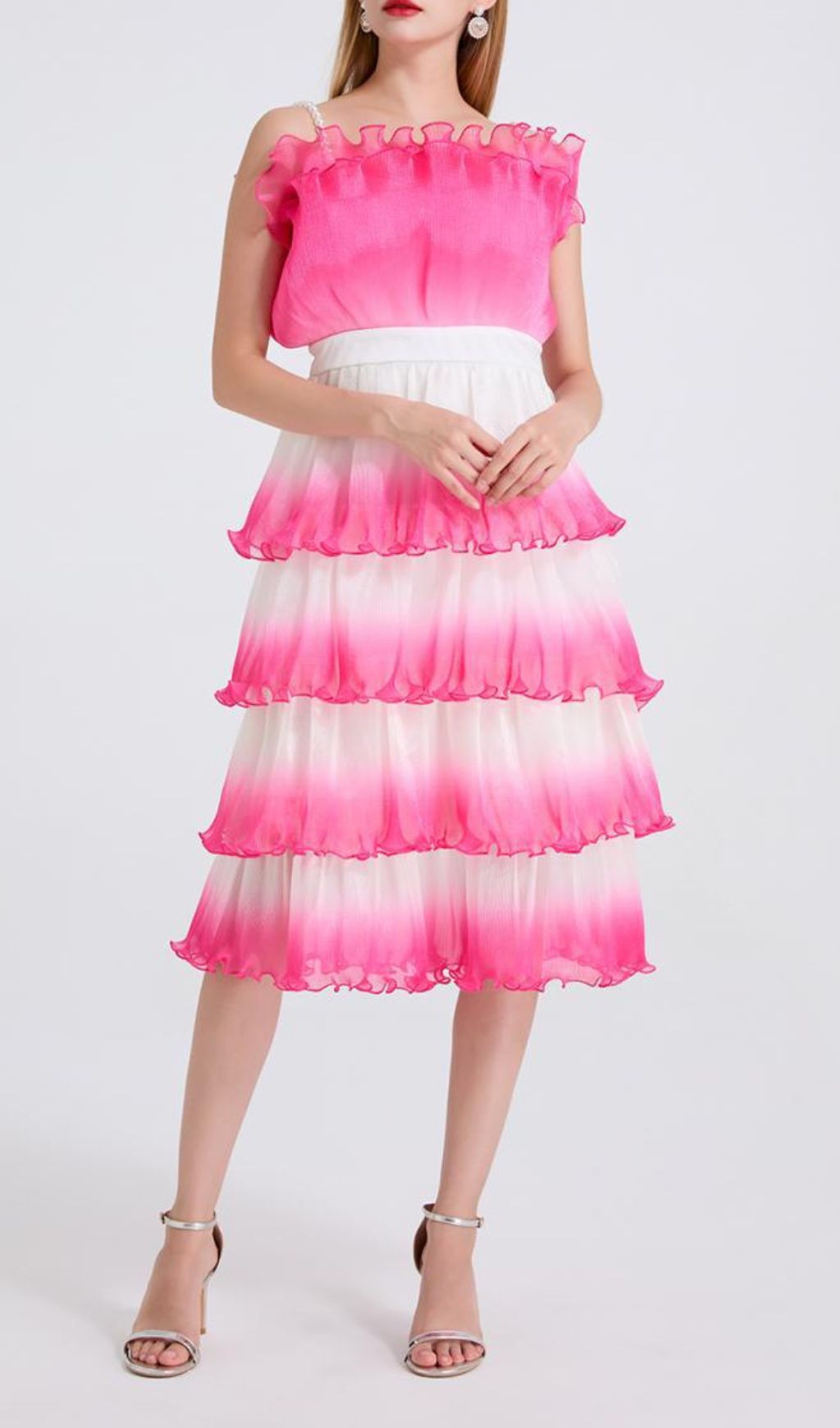 Fiene Pink Strappy Cake Midi Dress