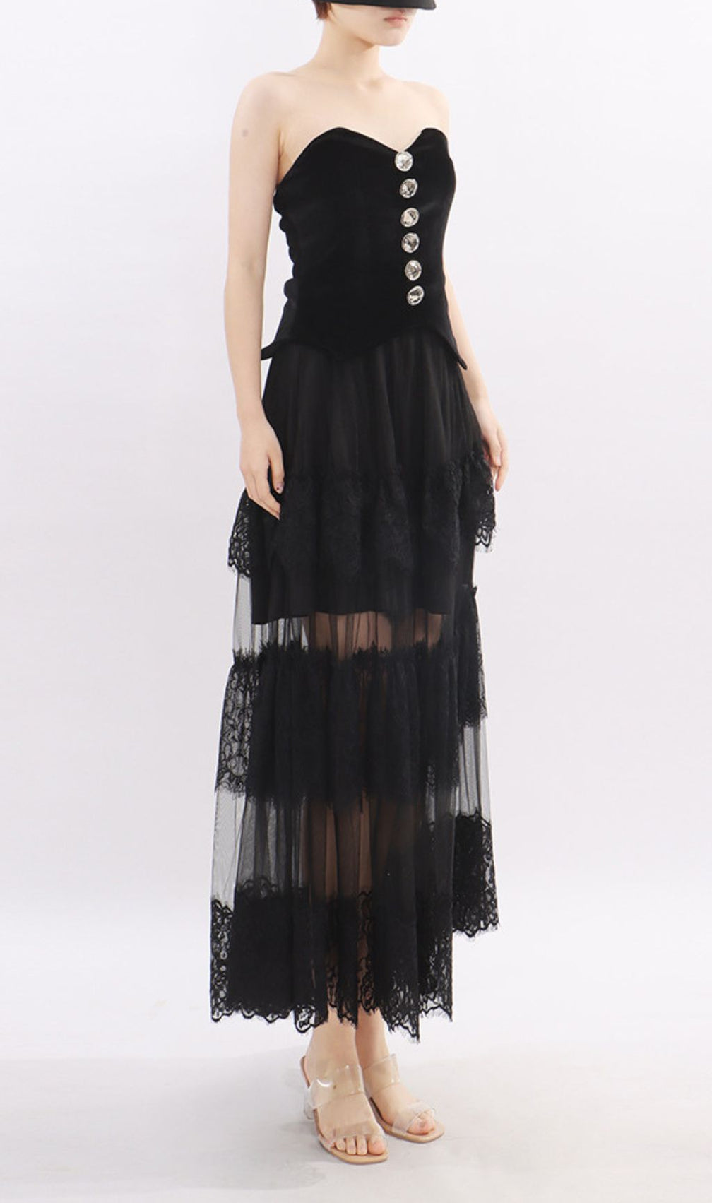 Kaliyah Black Strapless Sweetheart Velvet & Sheer Lace Maxi Dress