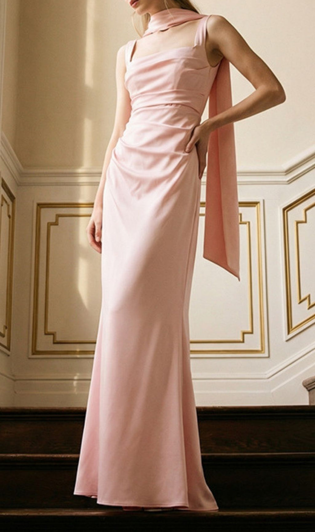 Kendria Blush Pink Satin Maxi Gown with Draped Scarf Detail