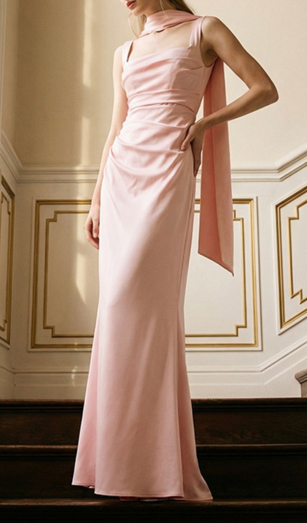 Kendria Blush Pink Satin Maxi Gown with Draped Scarf Detail