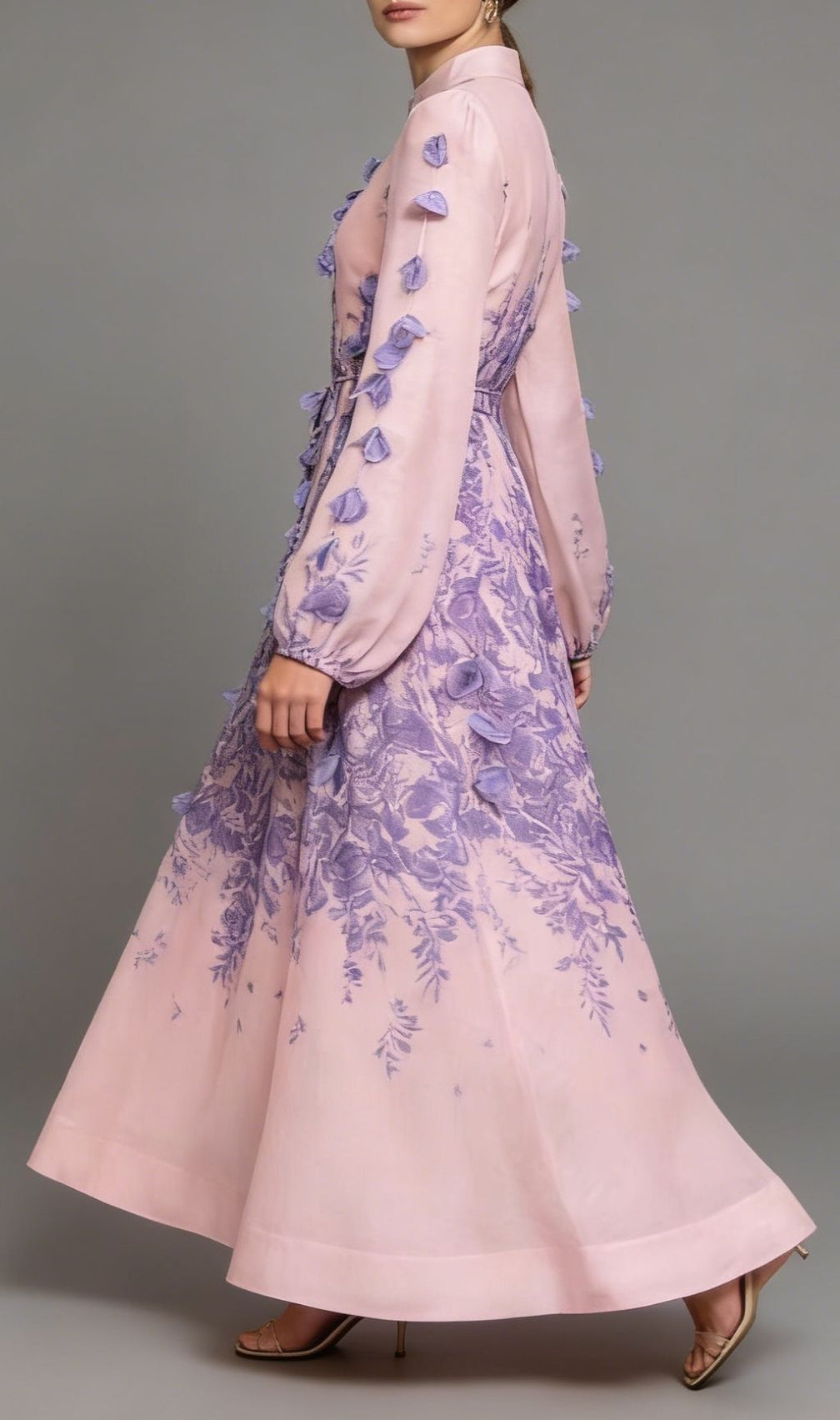 Karsyn Enchanted Garden Pink & Purple Floral Maxi Dress | 3D Petal Long Sleeve