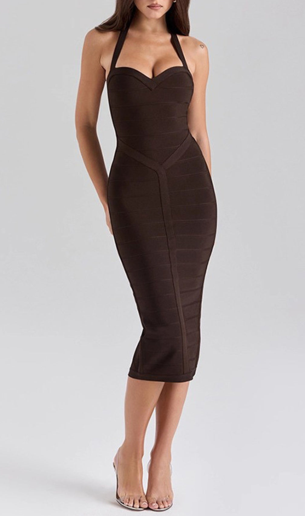 Garry Coffee Halter Bandage Midi Dress