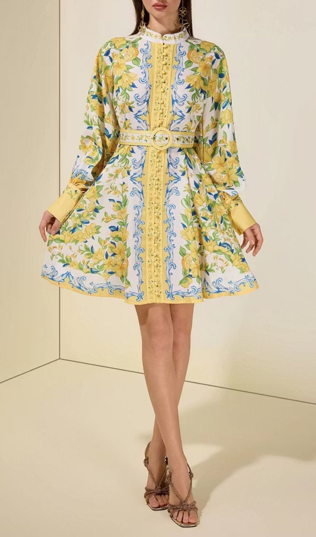 Lemon Floral Single-Breasted Midi Dress With Belt - Yellow