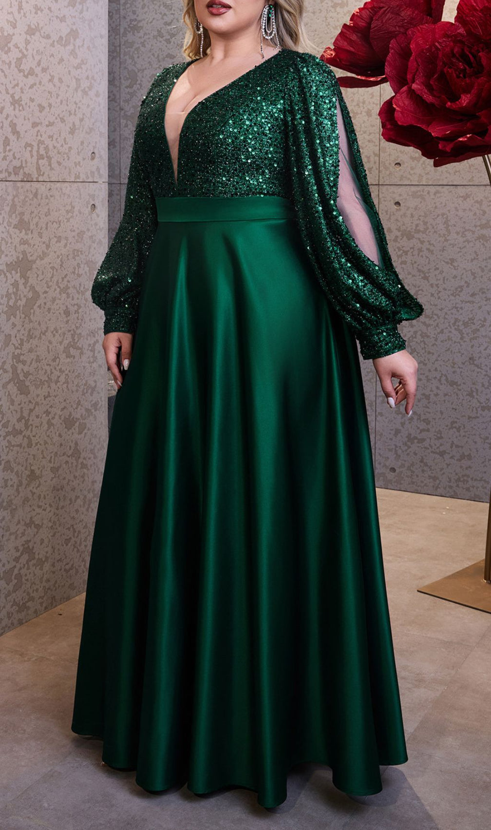 Hendrika Dazzling Emerald Green Sequin Plus Size Maxi Dress with Long Sleeves