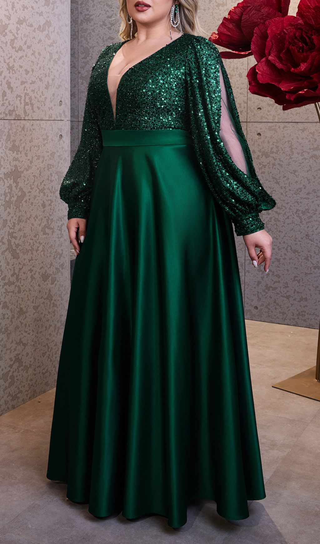 Hendrika Dazzling Emerald Green Sequin Plus Size Maxi Dress with Long Sleeves