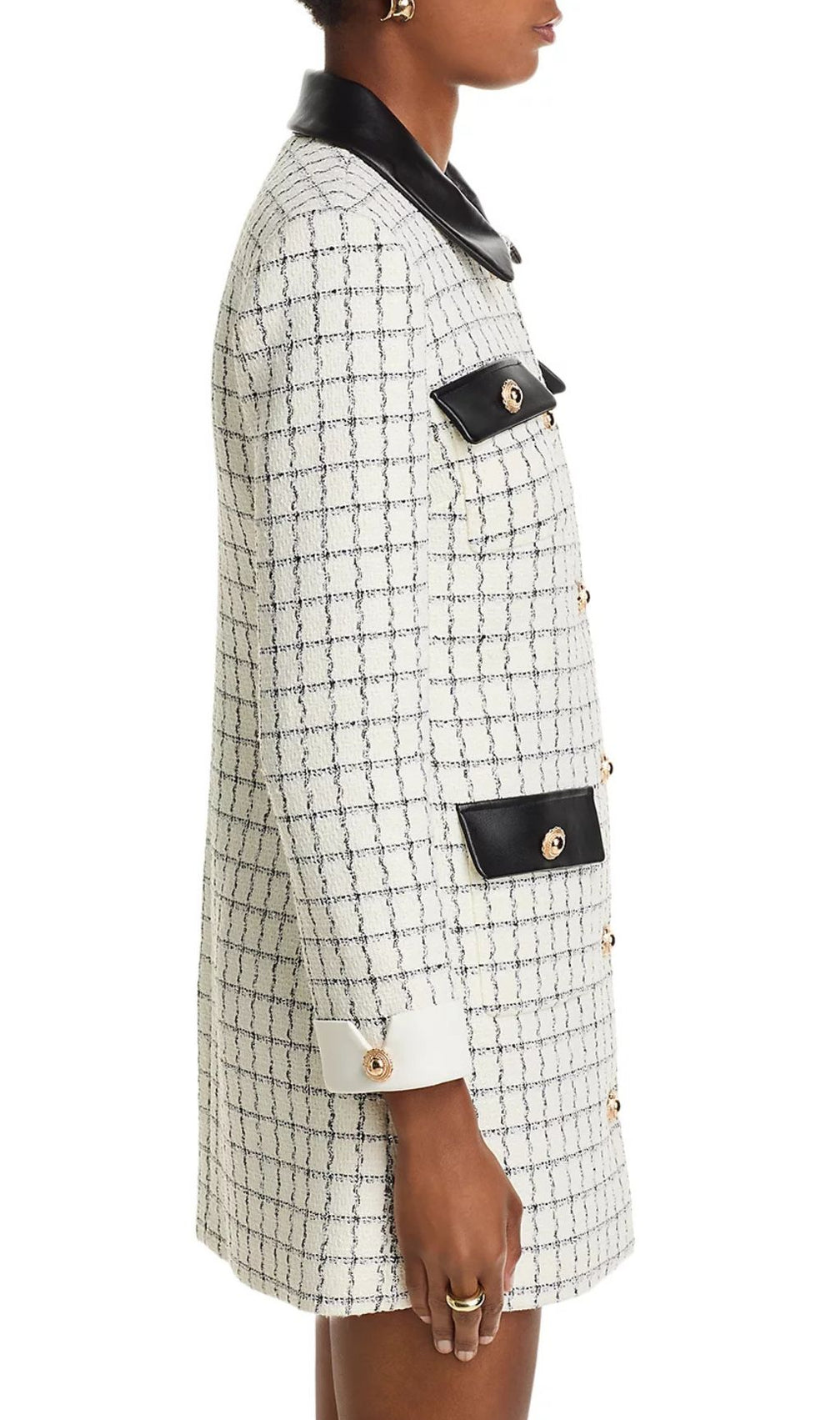 Luxe Windowpane Bouclé Mini Dress with Leather Trim & Gold Buttons