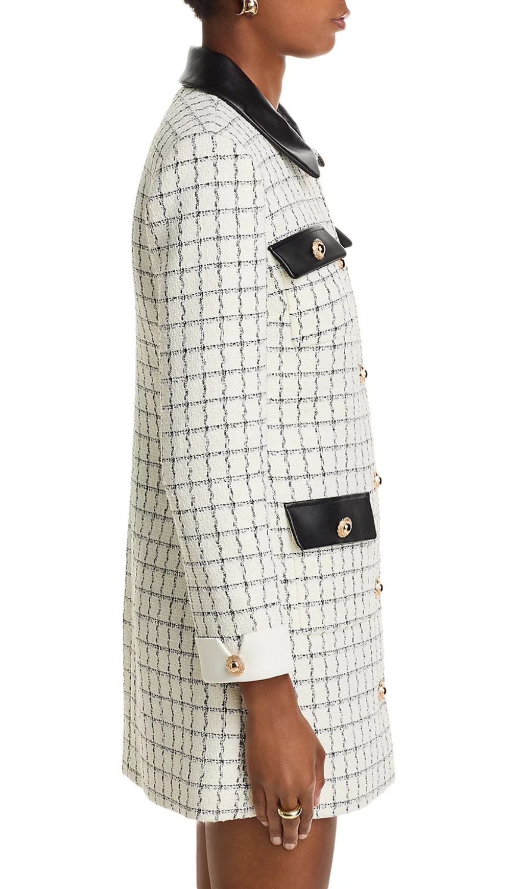 Luxe Windowpane Bouclé Mini Dress with Leather Trim & Gold Buttons