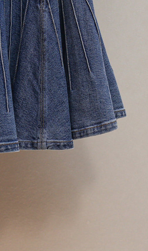 Havika Women's Embellished Sailor Collar Denim Mini Dress with Pleated Skirt