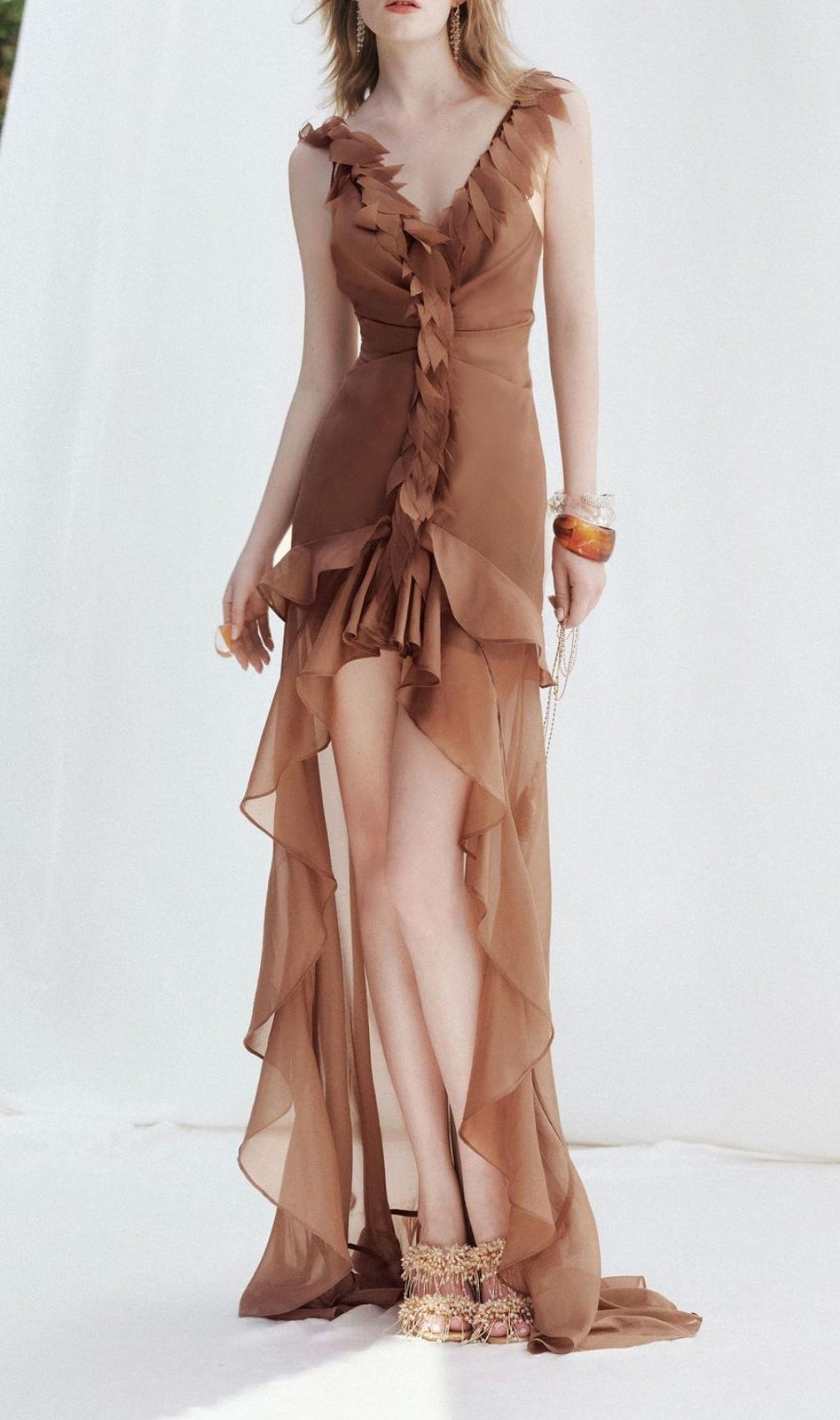 Kobi Amber Leaf Ruffle Mesh Maxi Dress