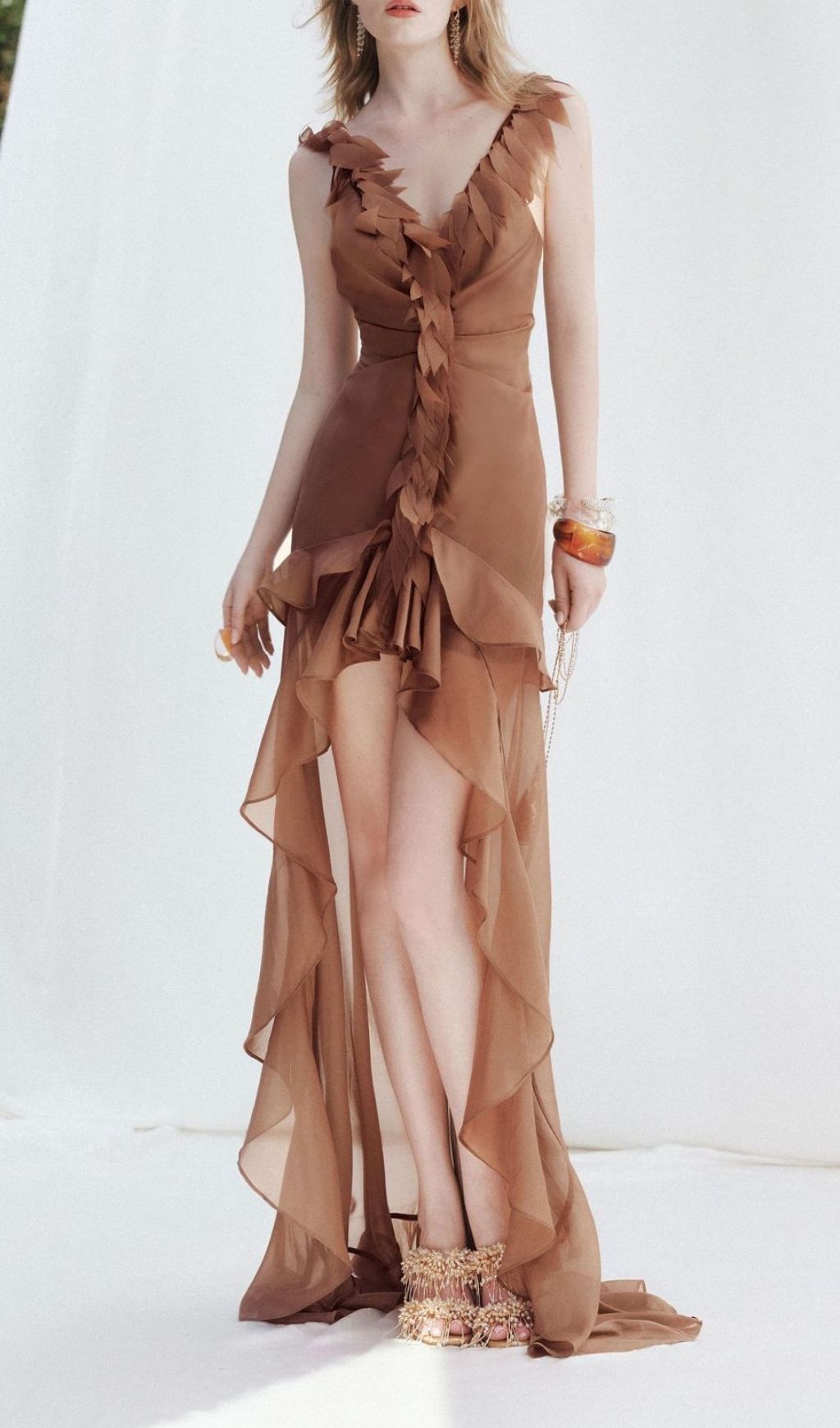 Kobi Amber Leaf Ruffle Mesh Maxi Dress