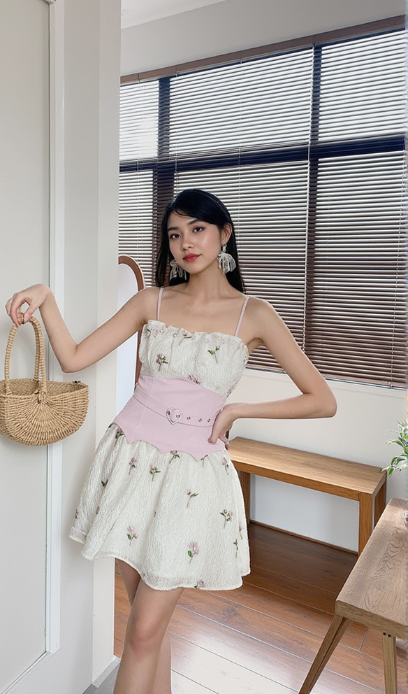 EMBROIDERED JACQUARD MINI DRESS IN WHITE