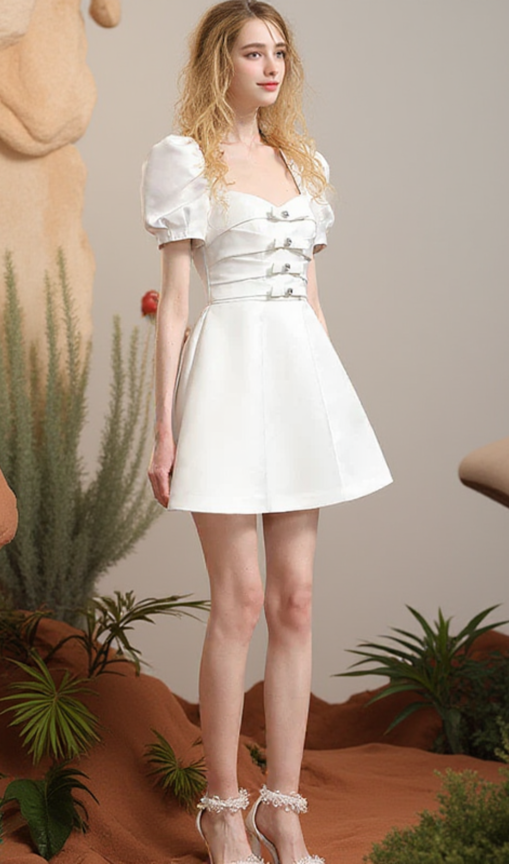 Ribbon Puff-sleeve Princess A-line Derss in white