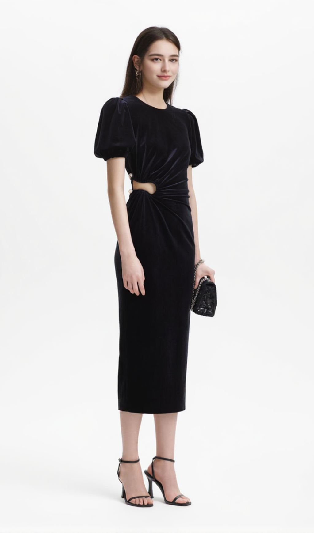 pleated velvet cut-out midi dress in black