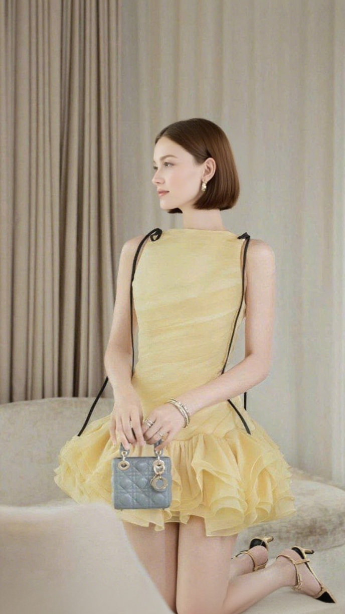 ruched ruffle hem sleeveless mini dress in yellow