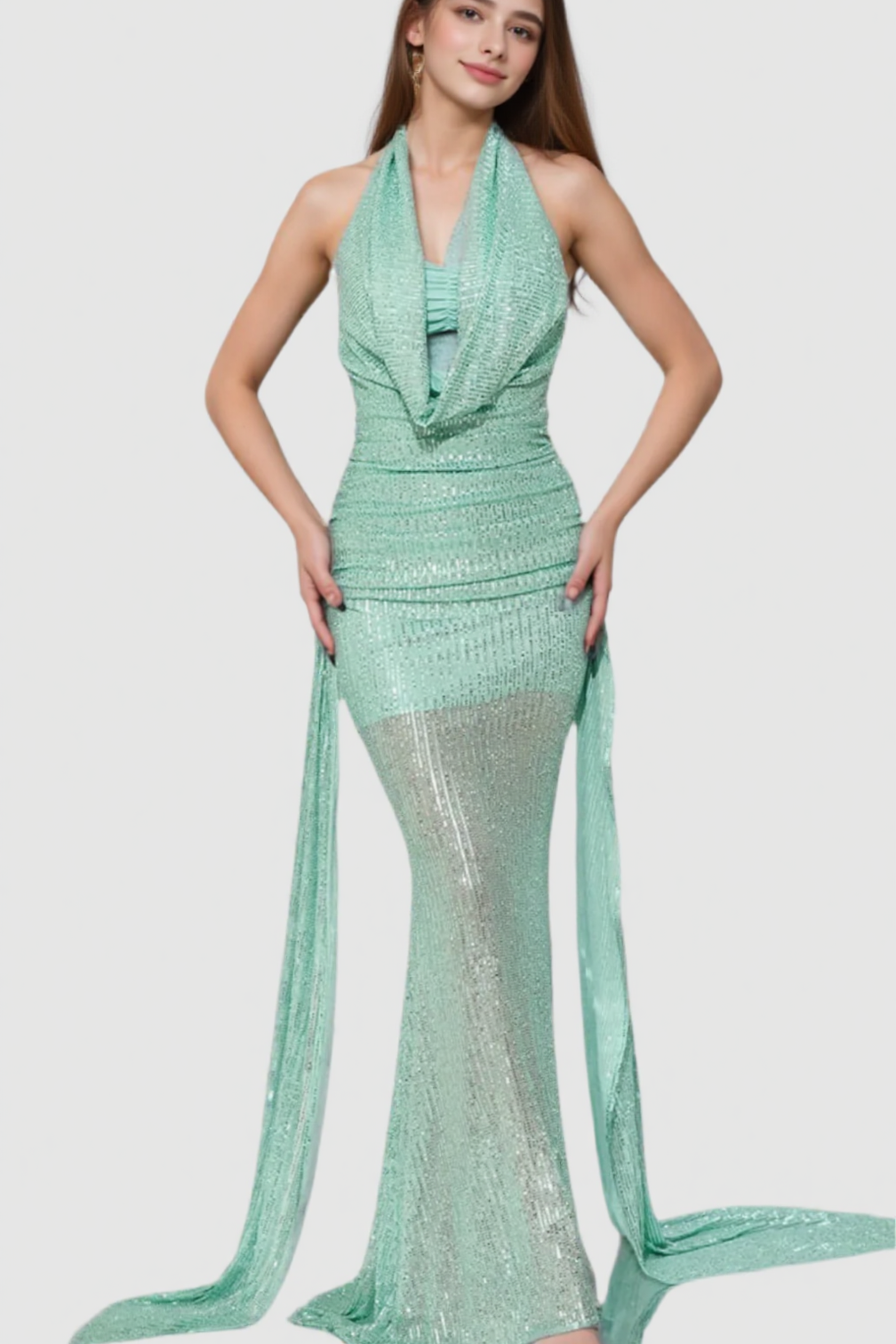 agatha Cowl Backless Sequin Maxi Dress in green