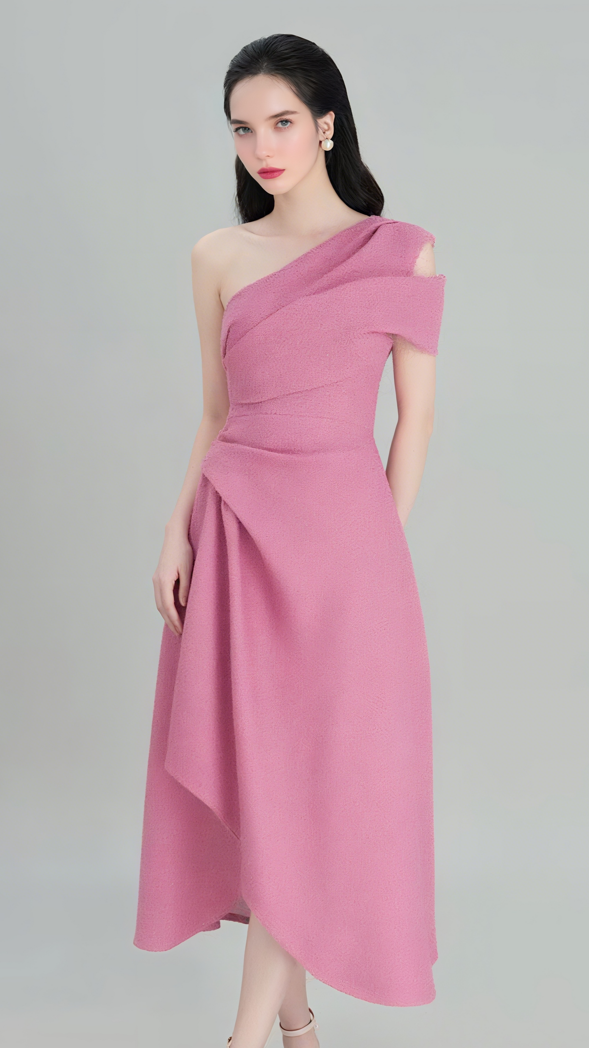 IRREGULAR ONE-SHOULDER MIDI DRESS IN PINK