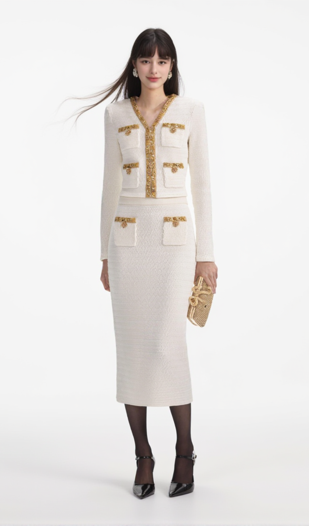 cream lurex knit midi skirt