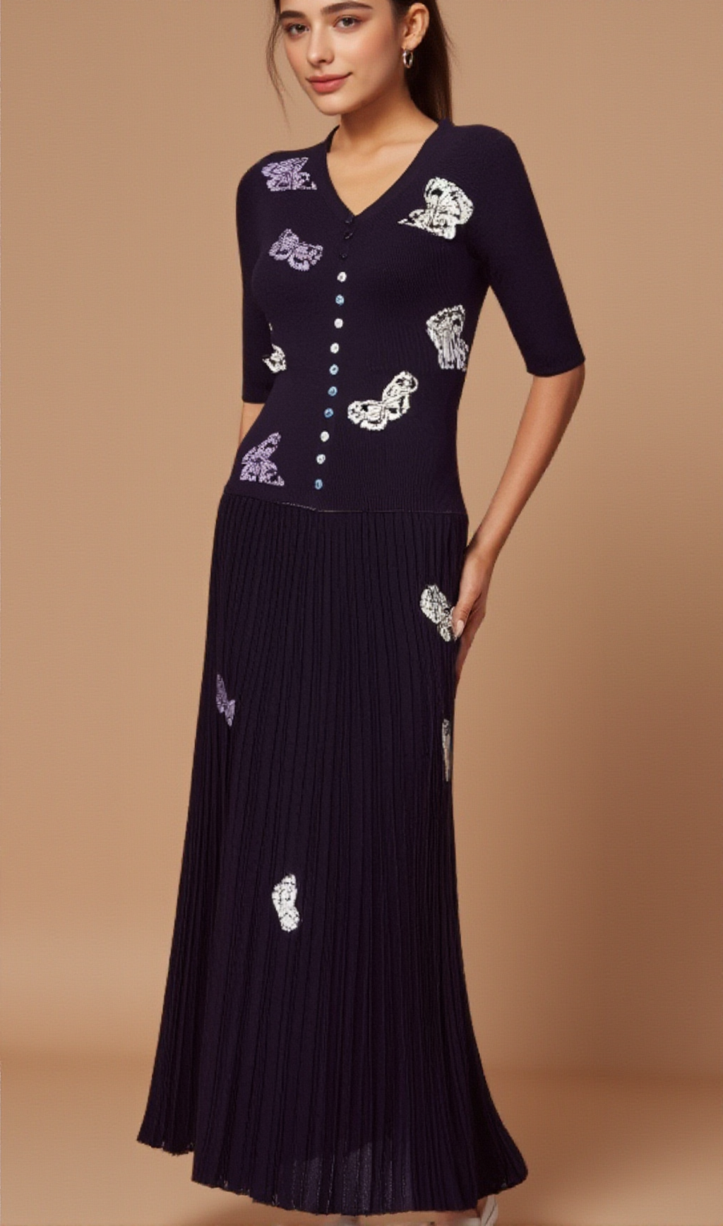 Delphine butterfly ribbed-knit top & skirt matching set